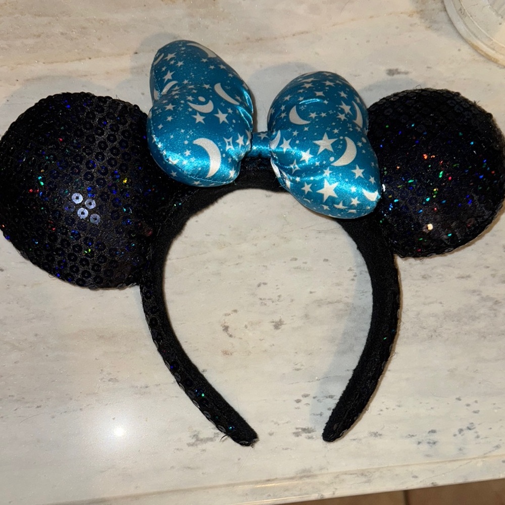 Disney Minnie Mouse Black Sequin Ears with Blue Celestial Bow